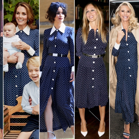 blue polka dot dress with white collar